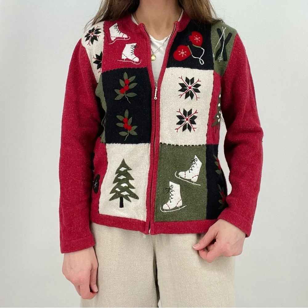 Vintage Wool Blend Winter Embroidered Zip Up Cardigan Sweater Red Size SM